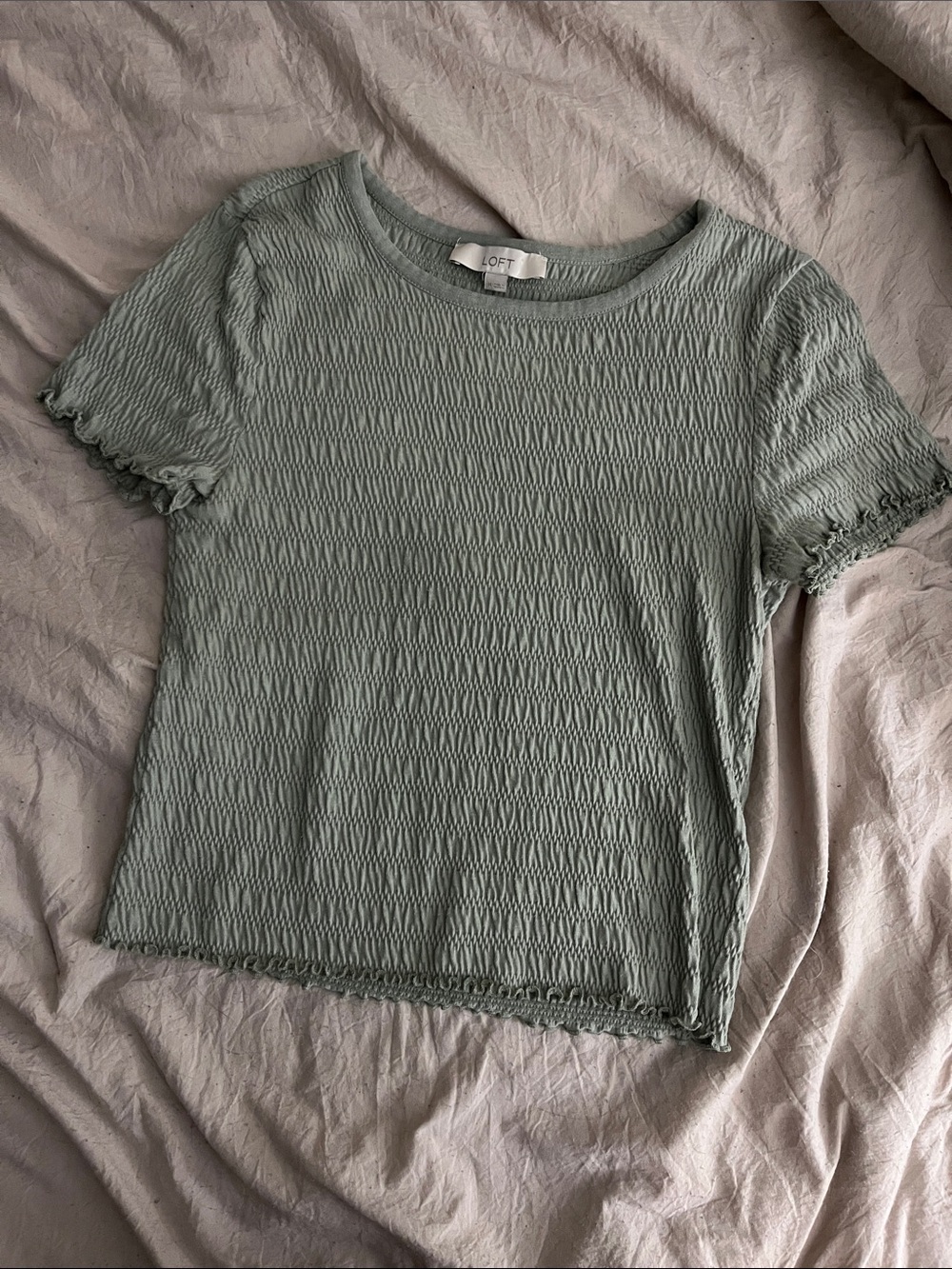 LOFT Sage Green Smocked Short Sleeve Tee